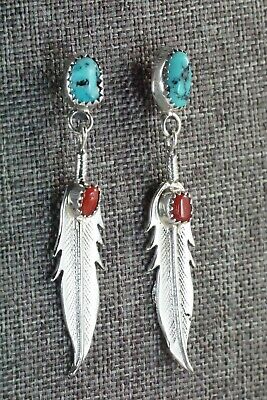 Navajo Turquoise, Coral & Sterling Silver Earrings - Annie Spencer