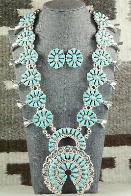 Turquoise & Sterling Silver Squash Blossom and Earrings - Alicia Wilson