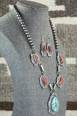Turquoise, Coral & Sterling Silver Necklace and Earrings - Tom Lewis