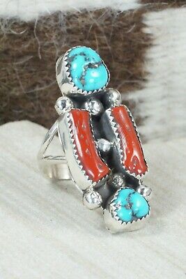 Turquoise & Coral Sterling Silver Ring - Betty House - Size 7.5
