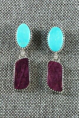 Navajo Turquoise & Spiny Oyster Sterling Silver Earrings - Alvin Joe - High Lonesome Trading