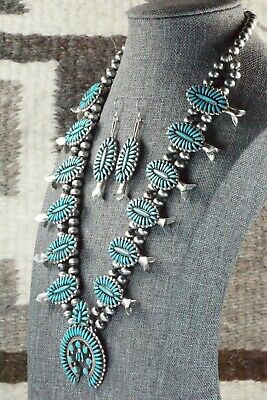 Turquoise & Sterling Silver Squash Blossom and Earrings - Lorena Peina