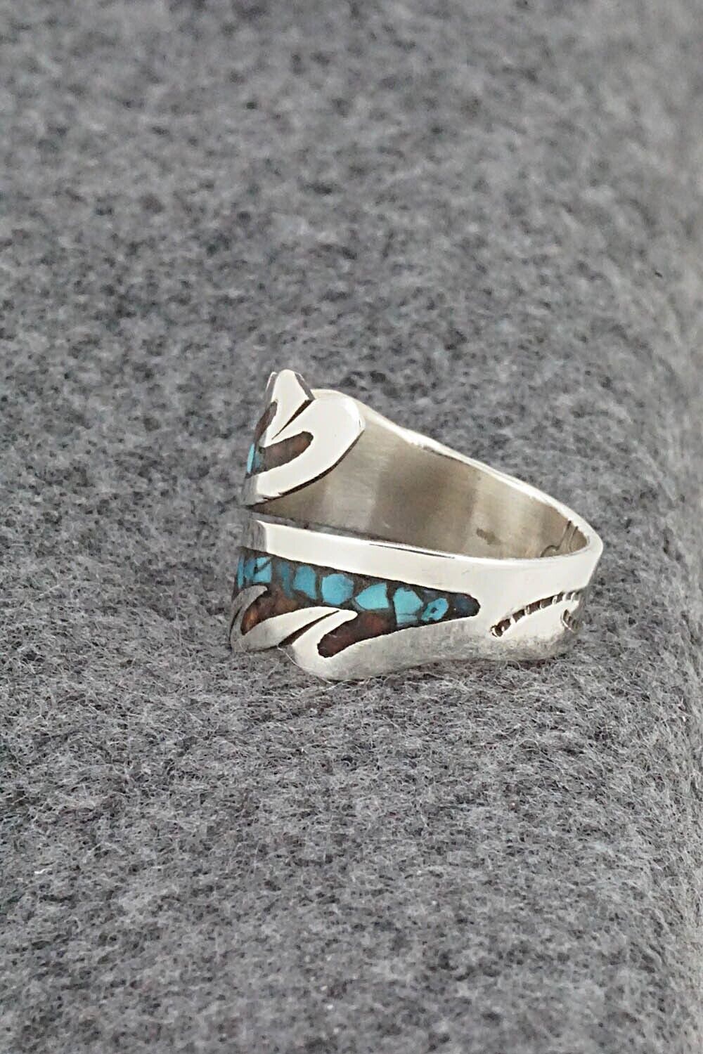 Turquoise, Coral & Sterling Silver Ring - Jolene Yazzie - Size 7.5