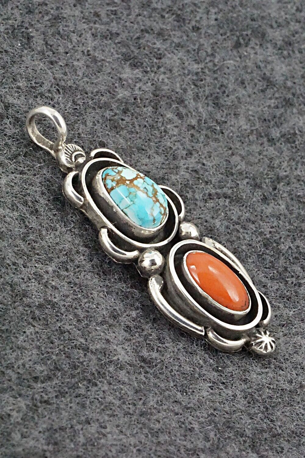 Turquoise, Coral & Sterling Silver Pendant - Roger Lewis