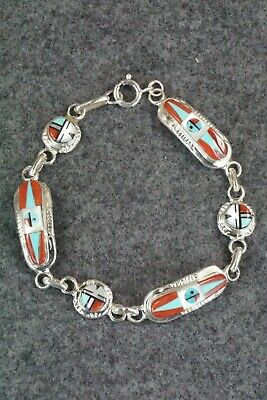 Coral, Turquoise & Sterling Silver Link Bracelet - Patty Edaakie