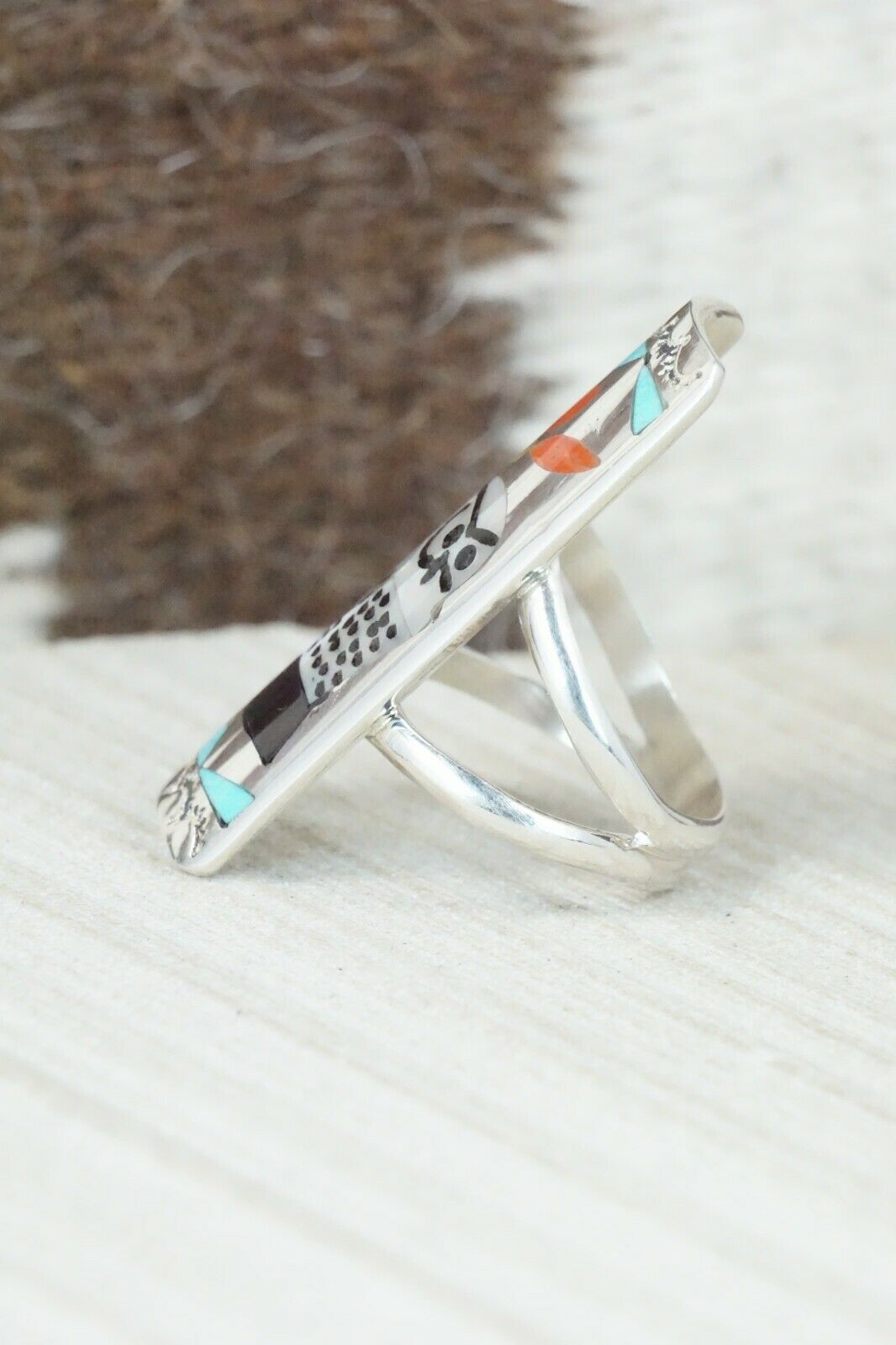 Multi Stone Inlay & Sterling Silver Ring - Quintin Quam Sr - Size 7.25