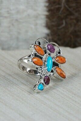 Spiny Oyster & Sterling Silver Dragonfly Ring - Bobby Platero - Size 5.5