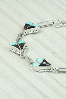 Turquoise, Onyx & Sterling Silver Heart Link Bracelet - Velda Nastacio