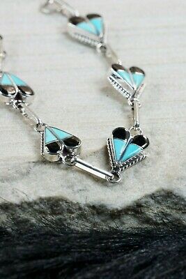 Zuni Turquoise, Onyx & Sterling Silver Heart Link Bracelet - Velda Nastacio