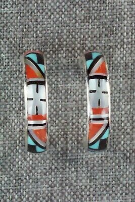 Multi Stone Inlay & Sterling Silver Hoop Earrings - Delberta Boone - High Lonesome Trading