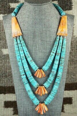 Turquoise, Spiny Oyster & Sterling Silver Necklace - Lupe Lovato