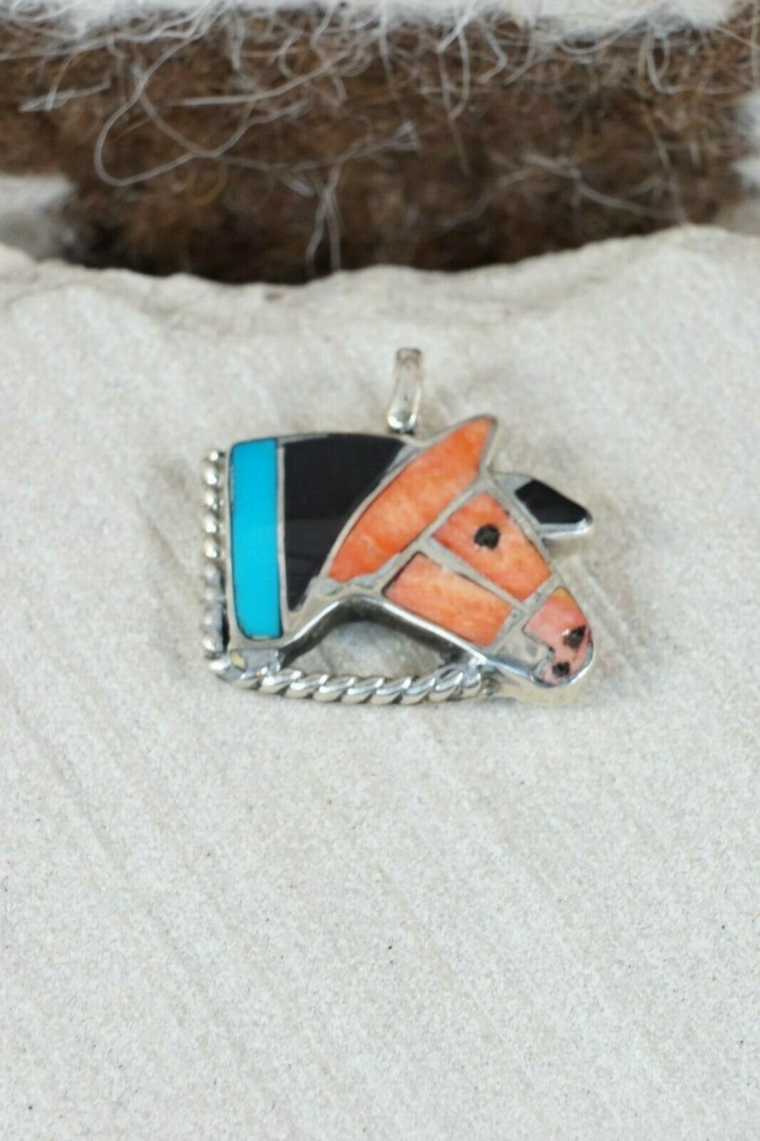Zuni Spiny Oyster & Turquoise Sterling Silver Horse Pendant - Robbie Zunie - High Lonesome Trading