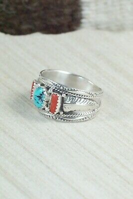 Turquoise, Coral and Sterling Silver Ring - Harrison & Betty Begay - 13