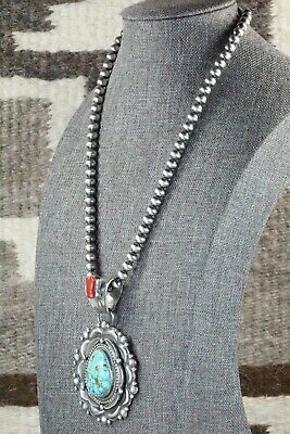 Turquoise, Coral Pendant & Sterling Silver Necklace - Tom Lewis