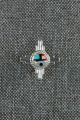Zuni Turquoise, Coral and Sterling Silver Sun Face Tie Tack - Elvira Kiyite - High Lonesome Trading
