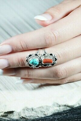 Navajo Turquoise and Coral Sterling Silver Ring - Freda Martinez - Size 6.5 - High Lonesome Trading