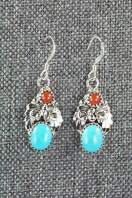 Turquoise, Coral and Sterling Silver Earrings - Roberta Begay