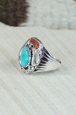 Navajo Turquoise, Coral & Sterling Silver Ring - Jeanette Saunders - Size 11