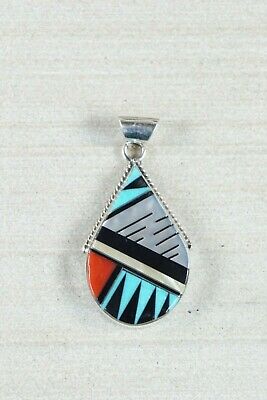 Zuni Inlay Turquoise & Coral Sterling Silver Pendant - Cleo Kallestewa - High Lonesome Trading
