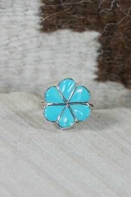 Zuni Turquoise and Sterling Silver Flower Ring - Jonathan Besselente - Size 5.5