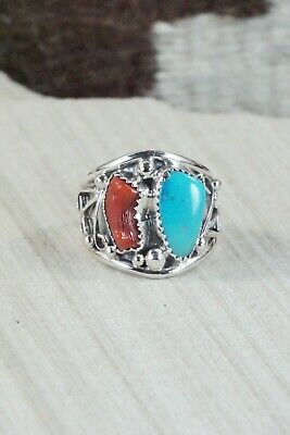 Turquoise, Coral & Sterling Silver Ring - Jeanette Saunders - Size 10.5