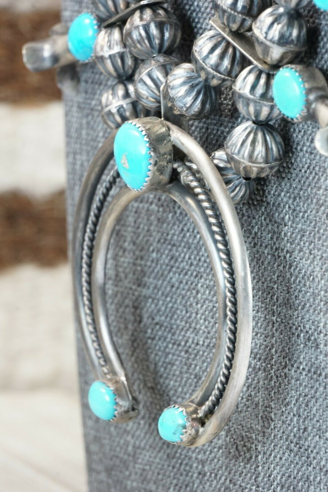 Turquoise & Sterling Silver Squash Blossom & Earrings - Leon Kirlie