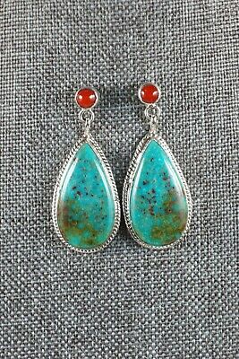 Navajo Turquoise and Coral Sterling Silver Earrings - Judy Largo
