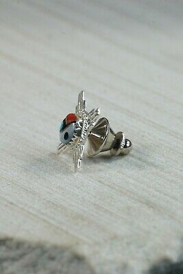 Zuni Turquoise, Coral and Sterling Silver Sun Face Tie Tack - Elvira Kiyite - High Lonesome Trading