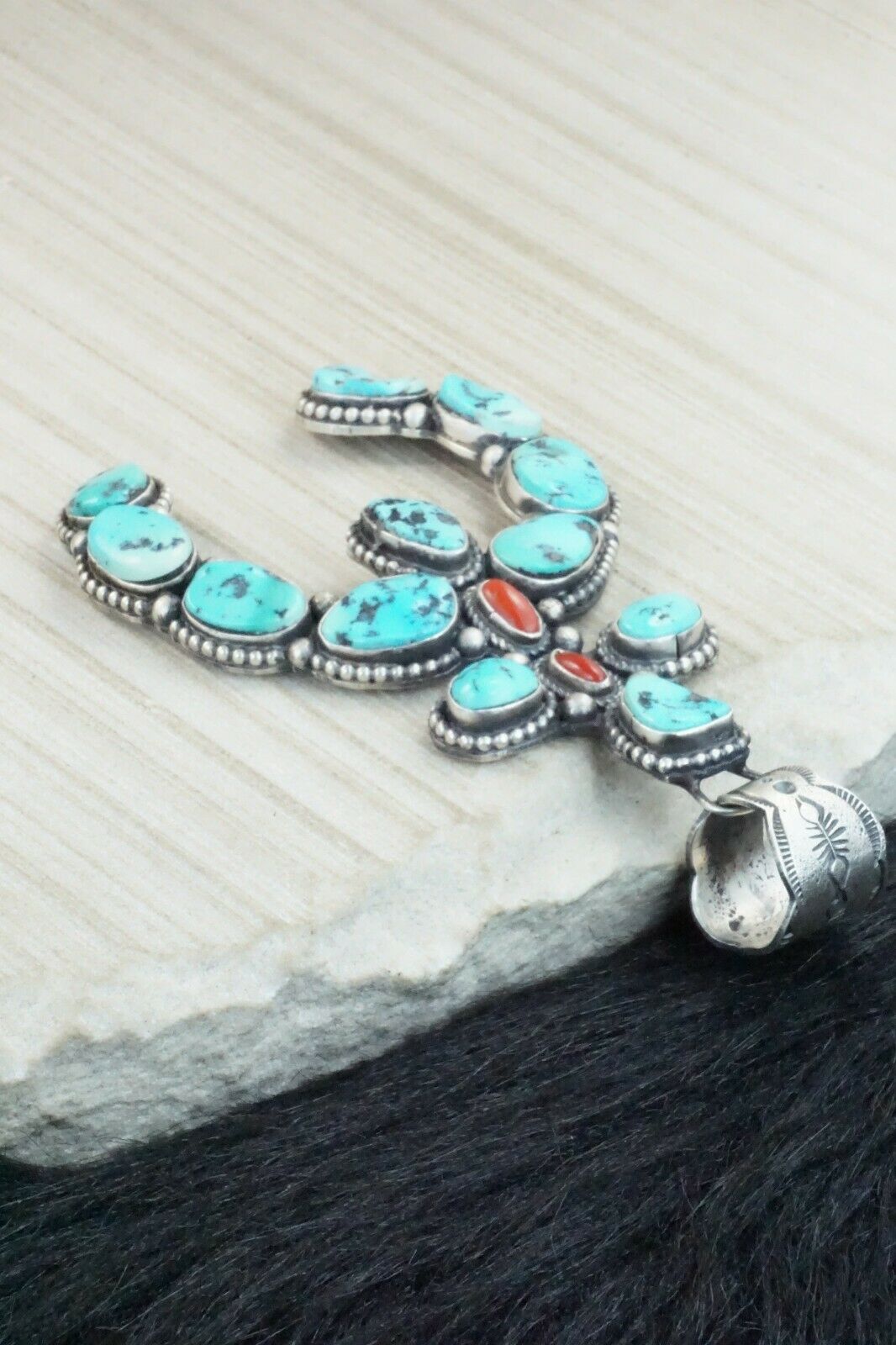Turquoise, Coral & Sterling Silver Pendant - Shawn Cayatineto