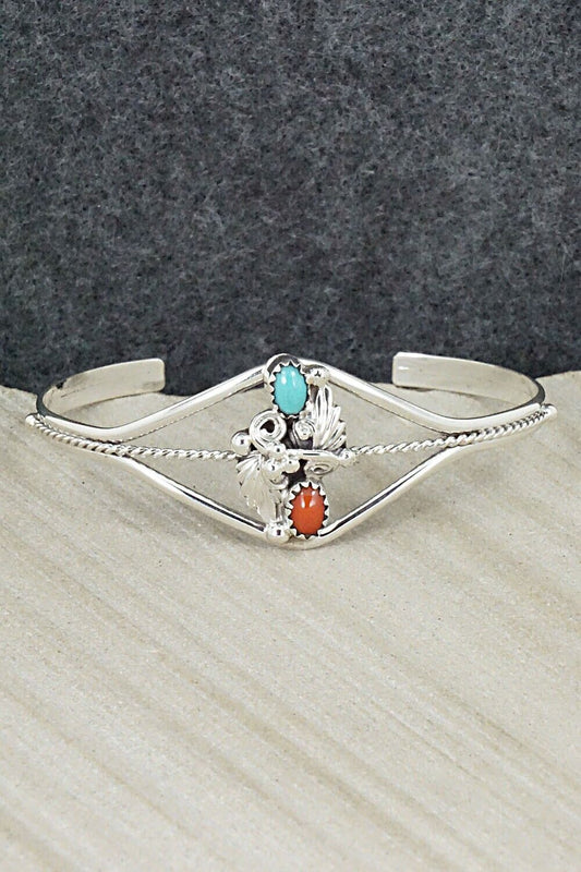 Turquoise, Coral & Sterling Silver Bracelet - William Begay