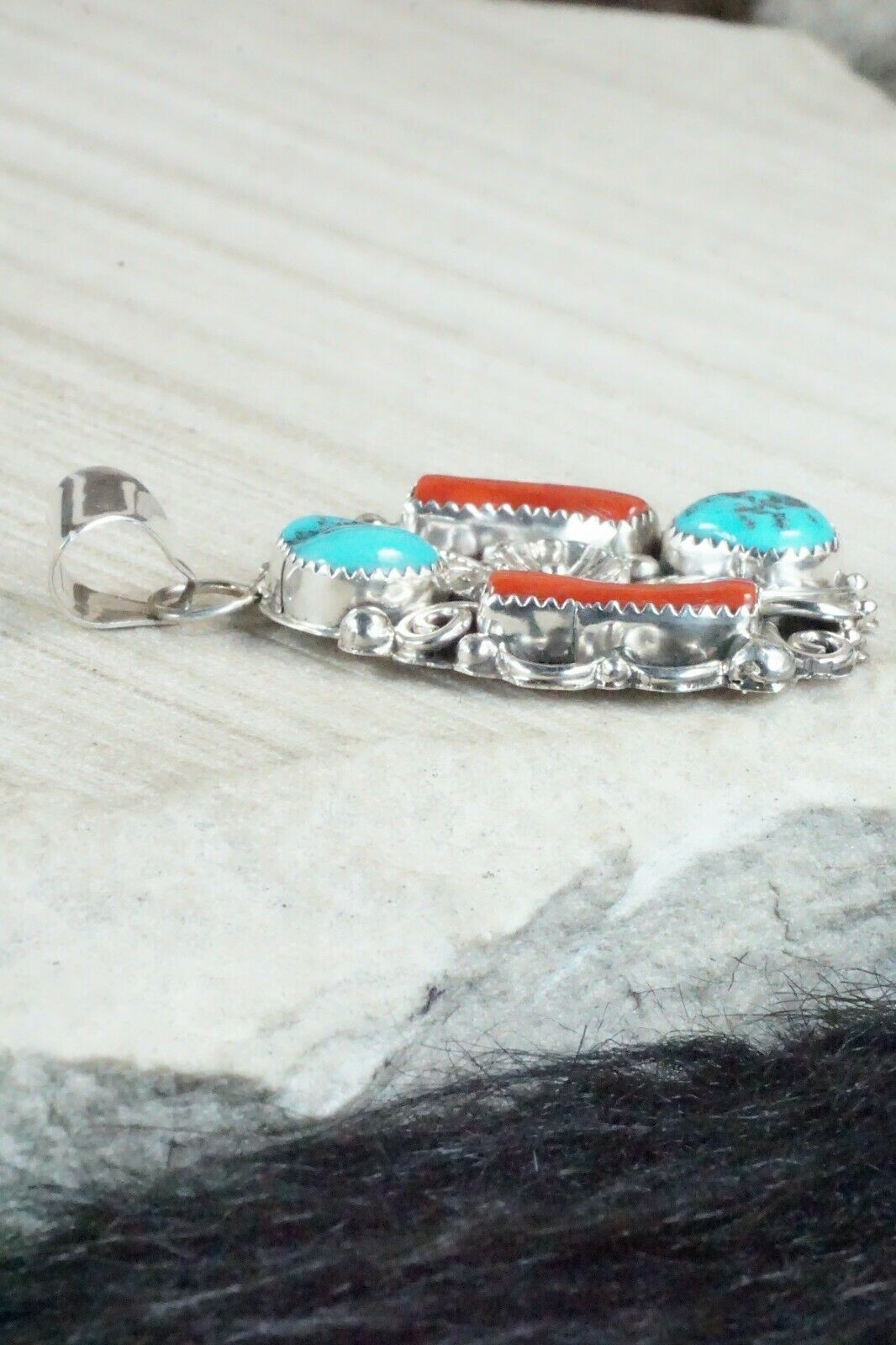 Turquoise, Coral & Sterling Silver Pendant - Shirley Largo