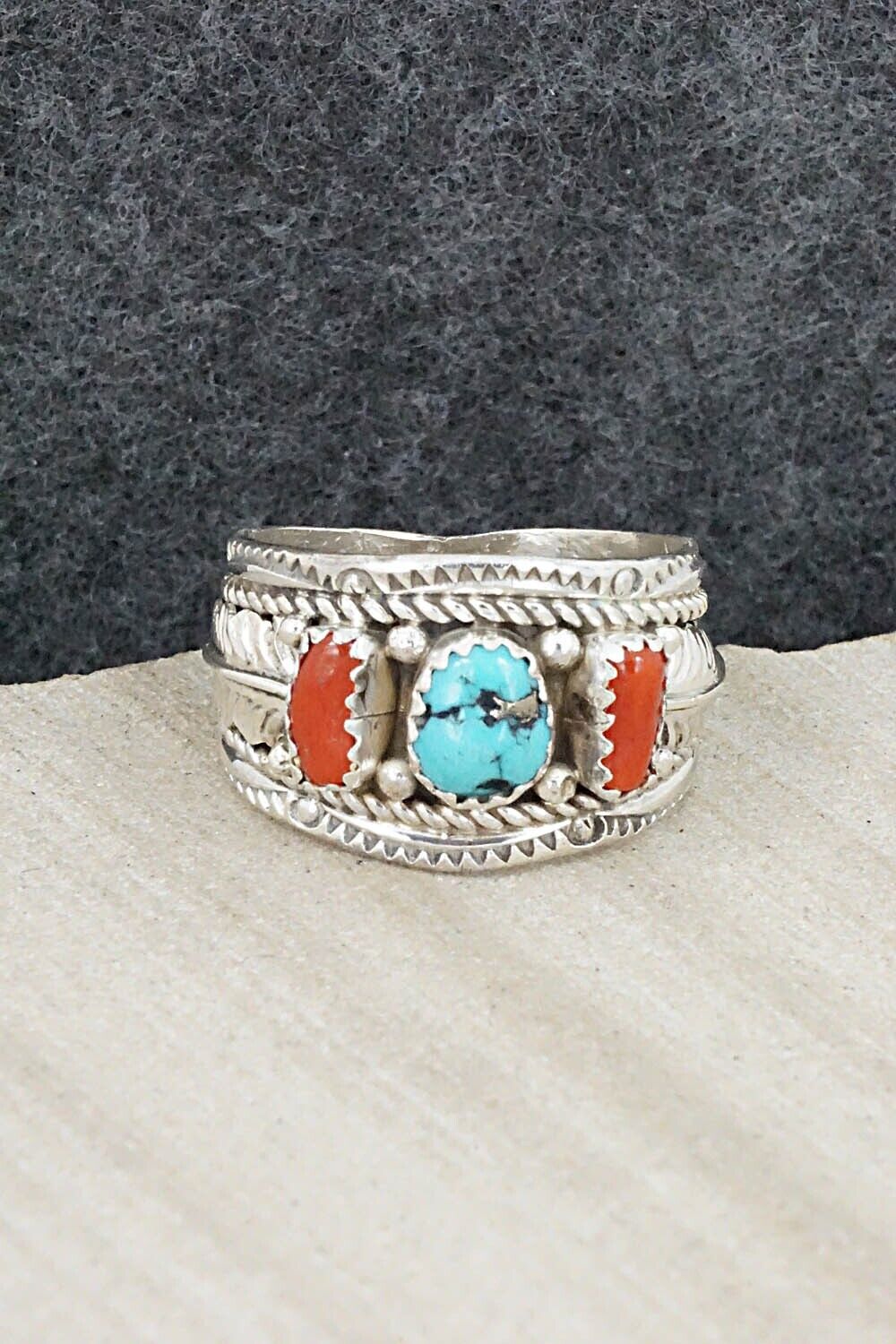 Turquoise, Coral and Sterling Silver Ring - Betty Begay - Size 9.5