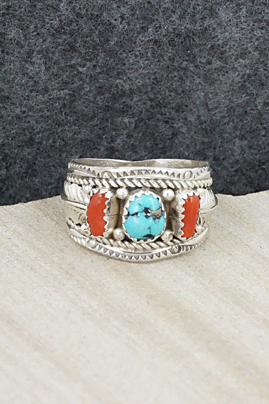 Turquoise, Coral and Sterling Silver Ring - Betty Begay - Size 9.5