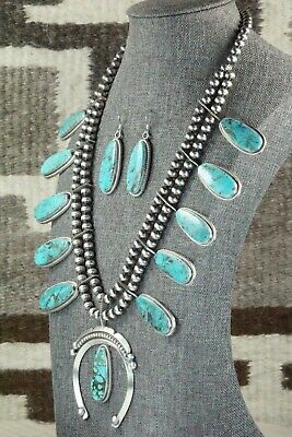 Turquoise & Sterling Silver Squash Blossom and Earrings - Tom Lewis