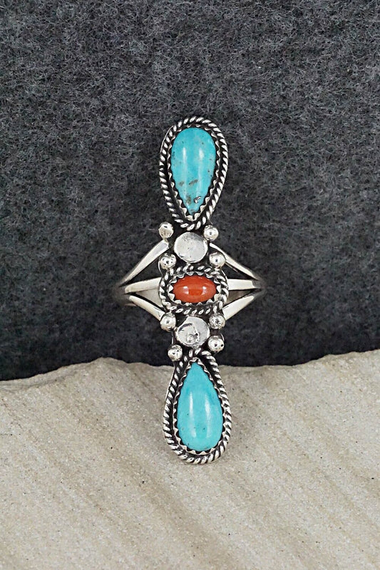 Turquoise, Coral & Sterling Silver Ring - Andrew Vandever - Size 7