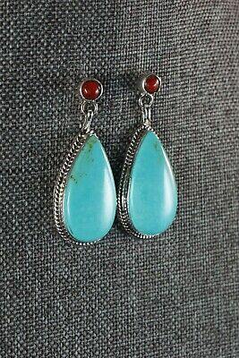 Navajo Turquoise and Coral Sterling Silver Earrings - Judy Largo - High Lonesome Trading