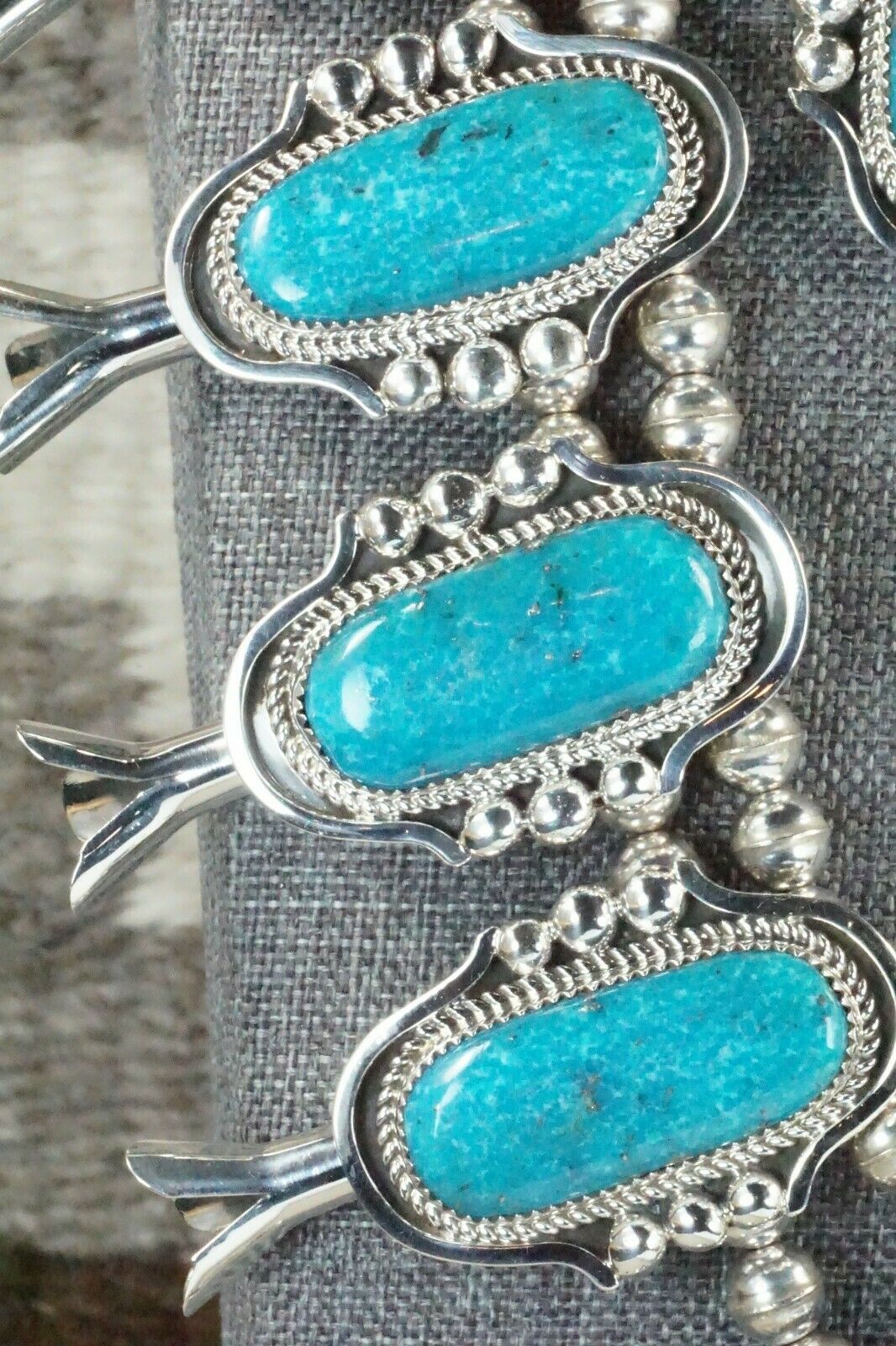 Turquoise & Sterling Silver Squash Blossom Necklace and Earrings - Leslie Nez