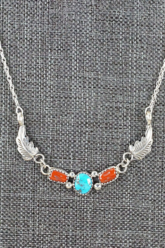 Turquoise, Coral & Sterling Silver Necklace - Verley Betone