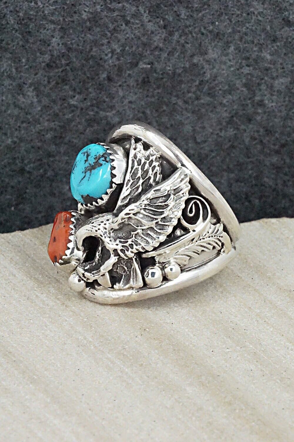 Turquoise, Coral & Sterling Silver Ring - Jeannette Saunders - Size 11