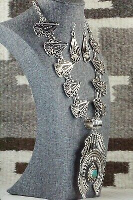 Turquoise & Sterling Silver Squash Blossom and Earrings - Lorena Nez