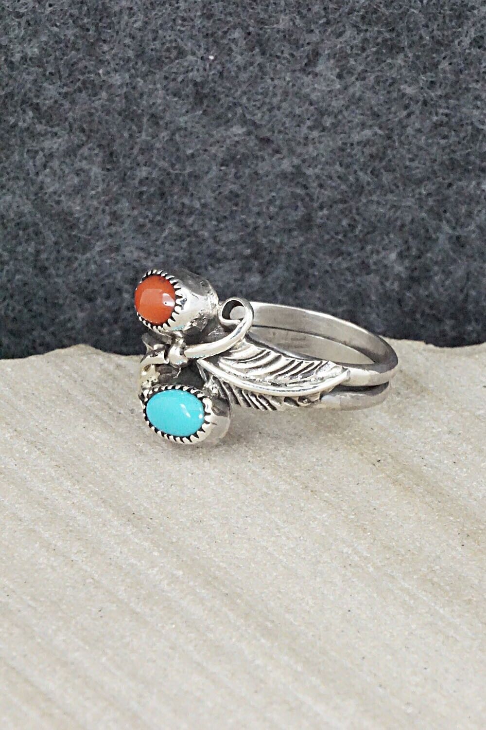 Turquoise, Coral & Sterling Silver Ring - Harry Yazzie - Size 7.5