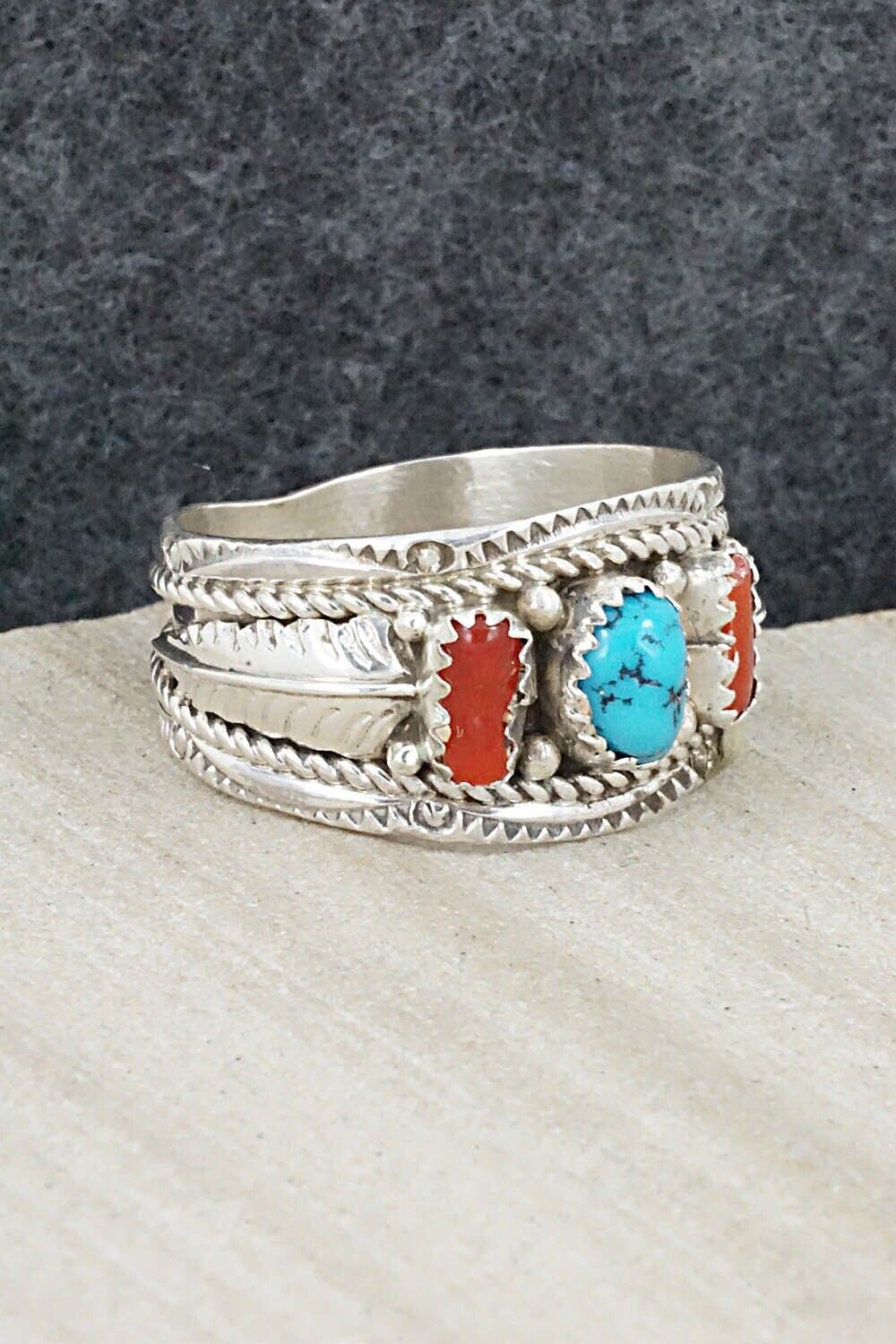 Turquoise, Coral and Sterling Silver Ring - Betty Begay - Size 12