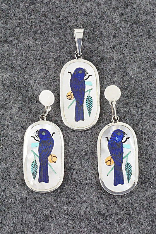 Multi Stone & Sterling Silver Inlay Pendant and Earrings Set - Harlan Coonsis