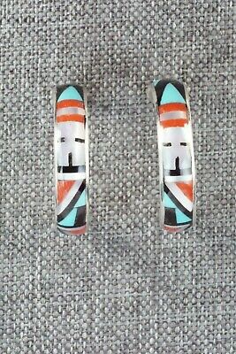 Multi Stone Inlay & Sterling Silver Hoop Earrings - Delberta Boone - High Lonesome Trading