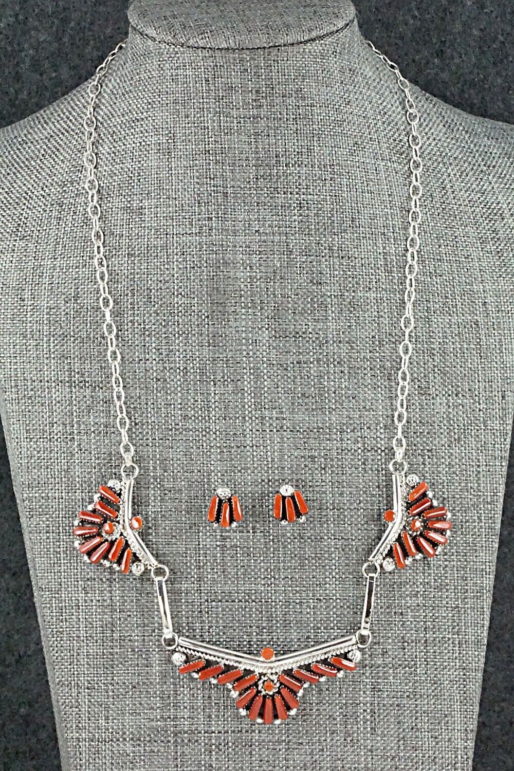 Coral & Sterling Silver Necklace and Earrings Set - Carlene Hattie