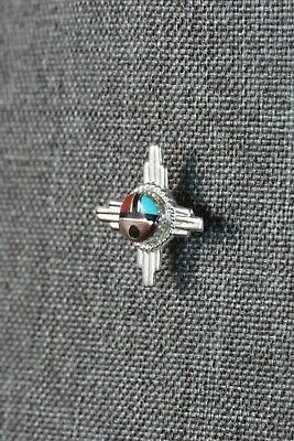 Zuni Turquoise, Coral and Sterling Silver Sun Face Tie Tack - Elvira Kiyite - High Lonesome Trading