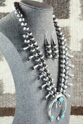 Turquoise & Sterling Silver Squash Blossom and Earrings - Gilbert Martin