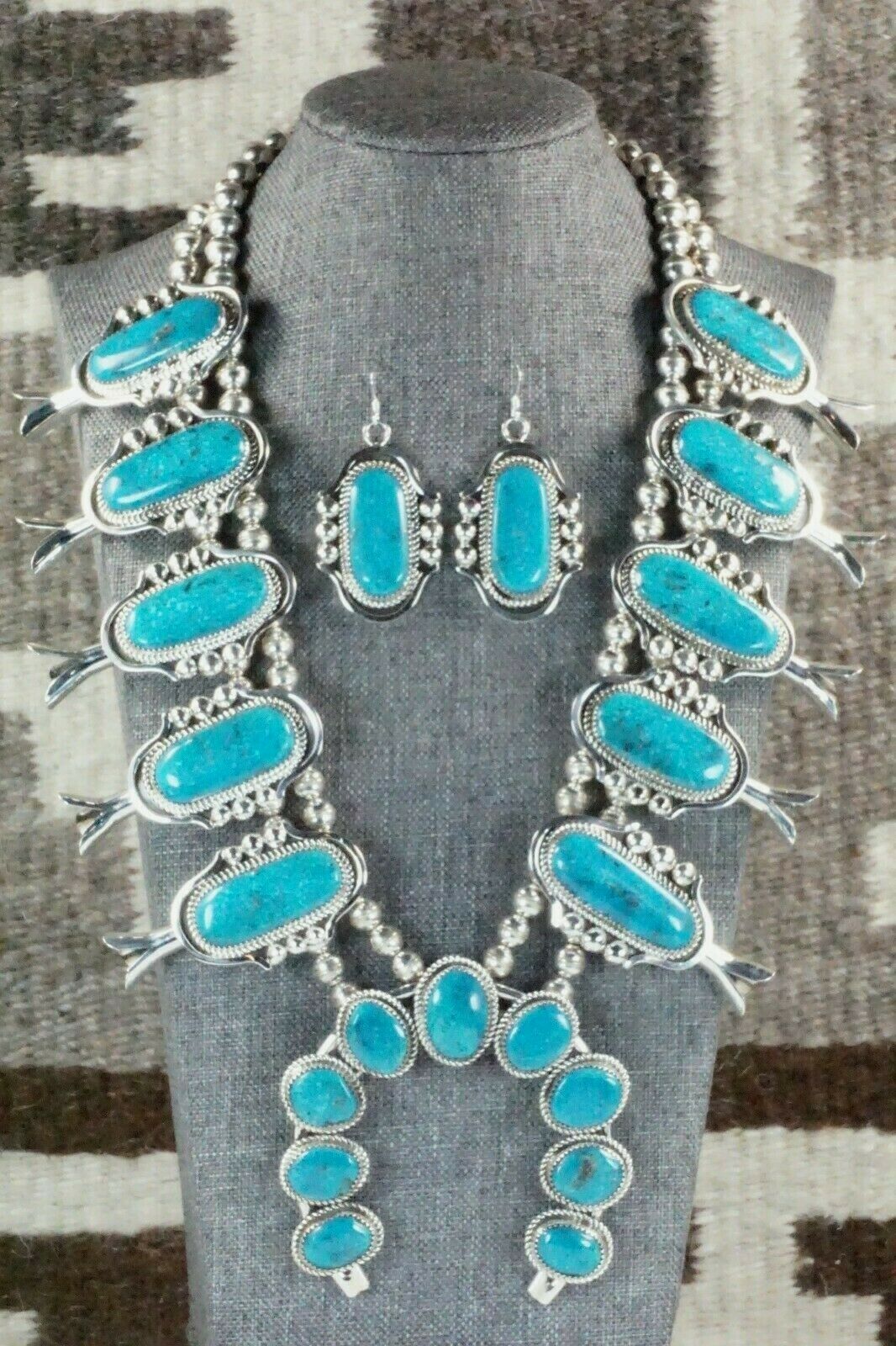 Turquoise & Sterling Silver Squash Blossom Necklace and Earrings - Leslie Nez