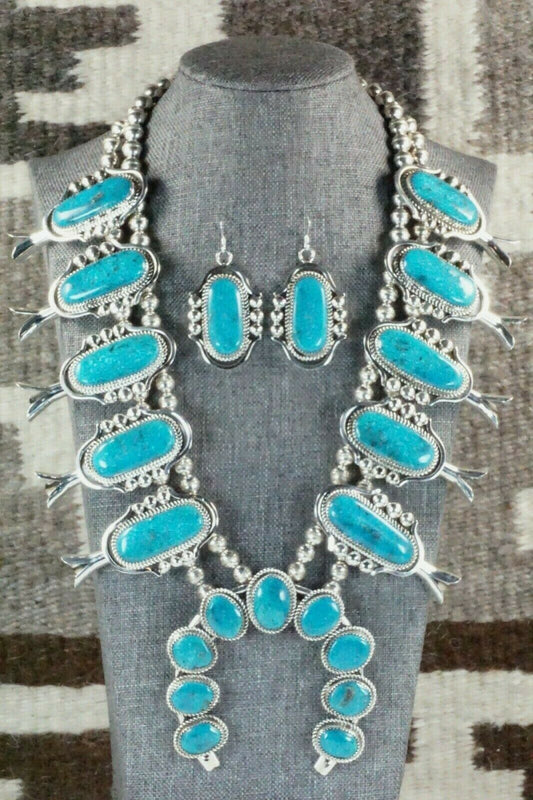 Turquoise & Sterling Silver Squash Blossom Necklace and Earrings - Leslie Nez