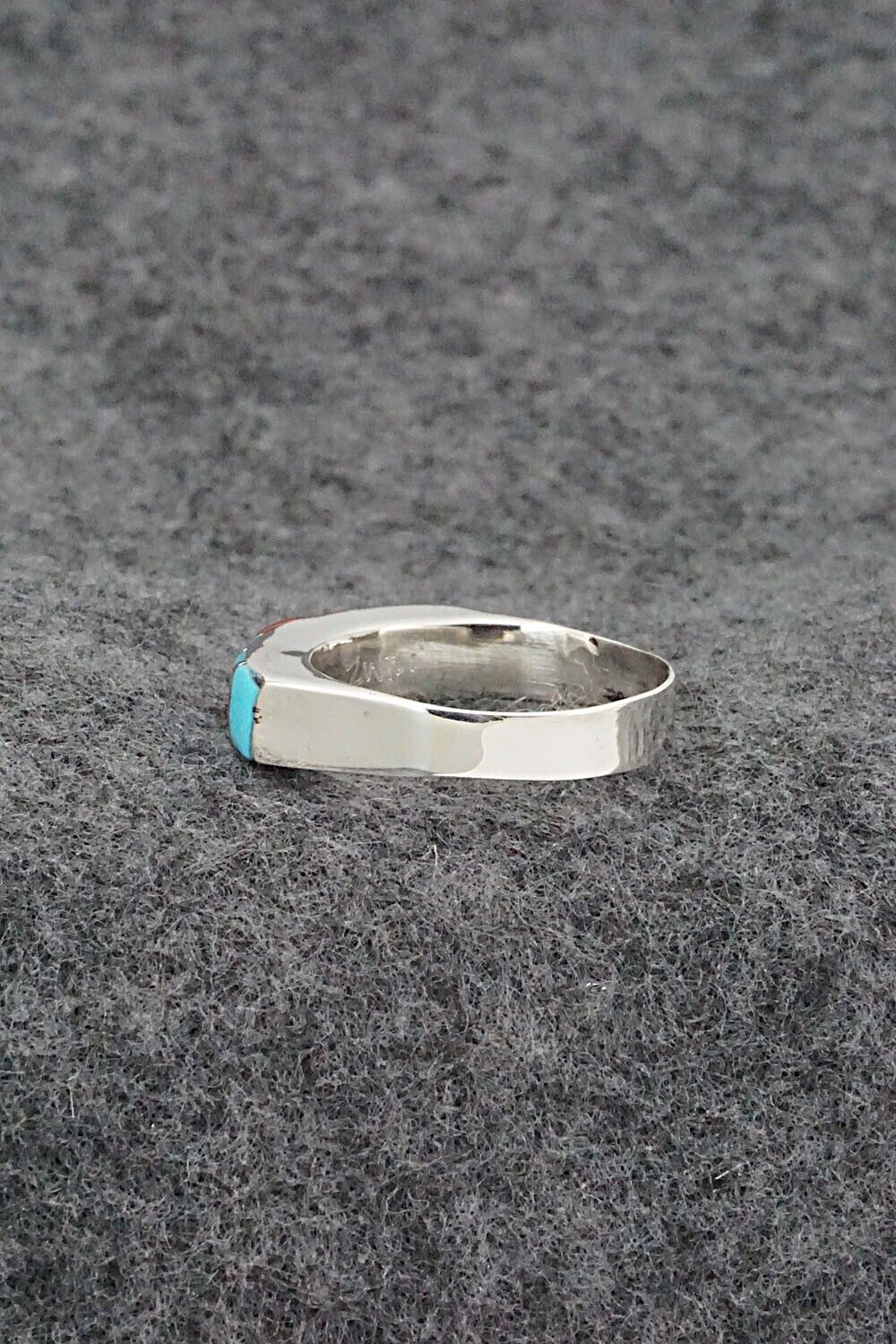 Turquoise, Coral & Sterling Silver Inlay Ring - Verna Kanesta - Size 8